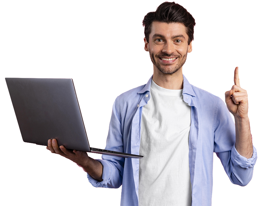 A person holding laptop in one hand